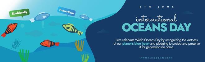 mundo océanos día 8vo junio cubrir bandera. mundo océanos día bandera, social medios de comunicación enviar con diferente peces, mar césped, corales 2024 tema para esta día es catalizando acción para nuestra Oceano y clima. vector