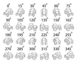 A set of 24 tractors in outline from different angles. vector