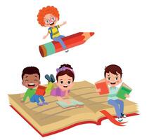 little kid riding a book and fly vector