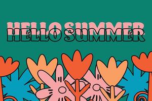 Hello summer banner, concept. Bright flowers and text in retro style. illustration for your design vector