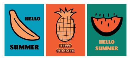 Hello summer poster set with fruits in retro style. Modern illustration vector