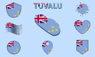 Collection of flat national flags of Tuvalu with map vector