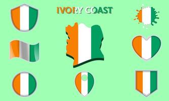 Collection of flat national flags of Ivory Coast with map vector