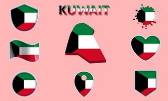 Collection of flat national flags of Kuwait with map vector