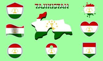 Collection of flat national flags of Tajikistan with map vector