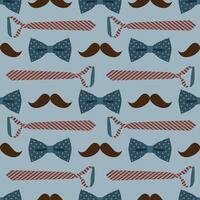 Father's day seamless pattern. Bow tie, mustache and tie on a blue background. illustration for wrapping paper, background, greeting card. vector