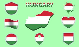 Collection of flat national flags of Hungary with map vector