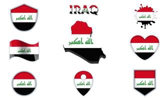 Collection of flat national flags of Iraq with map vector