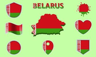 Collection of flat national flags of Belarus with map vector