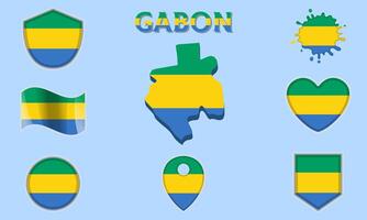 Collection of flat national flags of Gabon with map vector