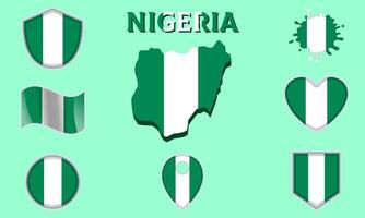 Collection of flat national flags of Nigeria with map vector