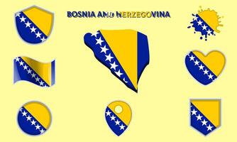 Collection of flat national flags of Bosnia and Herzegovina with map vector