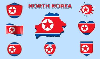 Collection of flat national flags of North Korea with map vector