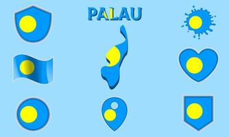 Collection of flat national flags of Palau with map vector