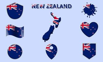 Collection of flat national flags of New Zealand with map vector