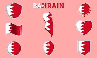 Collection of flat national flags of Bahrain with map vector