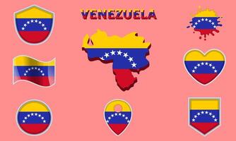 Collection of flat national flags of Venezuela with map vector