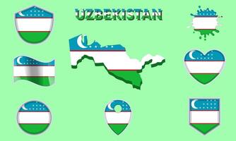 Collection of flat national flags of Uzbekistan with map vector