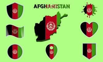 Collection of flat national flags of Afghanistan with map vector