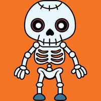 Cute skeleton stands on an orange background. Cartoon character. vector