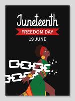 Juneteenth freedom day web poster. African-American Independence Day Background. Woman in ethnic clothes breaks chains. Holiday template for card, poster with lettering. flat illustration. vector