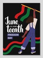 Juneteenth freedom day poster. African-American woman with Pan African flag. Independence Day Background. Black Liberation flag. Holiday template for card with lettering. flat illustration. vector