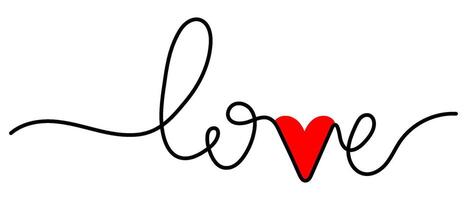 Word love with red heart single line art drawing vector