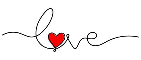 Continuous line drawing of love text with red heart vector