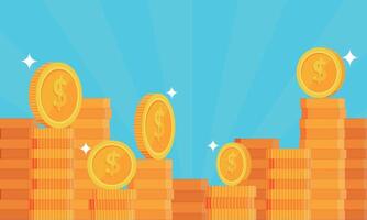 Gold coins falling on piles. Cash money pile.finance concept in flat style vector