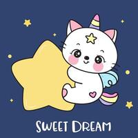 Cute cat unicorn lover hug giant star on sky sweet dream fairy tales vector