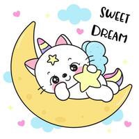 linda gato unicornio amante abrazo magia estrella en Luna dulce sueño hada cuentos vector