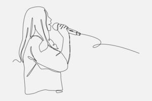woman holding microphone. speak or sing. side view. continuous one line drawing style. editable stroke. graphic illustration. vector