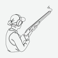 Continuous one line drawing of female athlete in shotgun shooting sport. rear view of a woman wearing earmuffs, a hat and holding a weapon. editable stroke. graphic illustration. vector