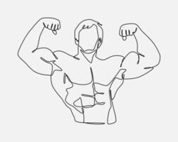 masculino carrocero frente vista. muestra el bíceps músculos de el mano. continuo uno línea dibujo. editable ataque. deporte gimnasio ajuste cuerpo rutina de ejercicio concepto. gráfico ilustración. vector