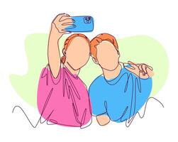 Continuous one line drawing of two friends, boy and girl taking selfies with smartphone. Editable stroke and colored. Graphic illustration. vector