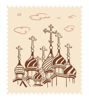 Orthodox domes with crosses on the temple. Orthodox religion. Postage Stamp. vector