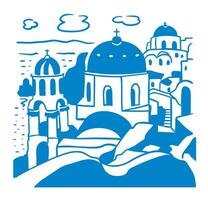 Santorini island, Greece. Beautiful traditional white architecture and Greek Orthodox churches with blue domes over the Aegean Sea caldera. Doodle style vector