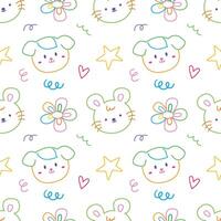 Cute face animal hand drawn doodle seamless pattern background for wallpaper and wrapping. Rabbit, bear, rat, dog and cat vector