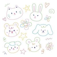 Cute face animal hand drawn doodle for element illustration and kid. Rabbit, bear, rat, dog and cat vector