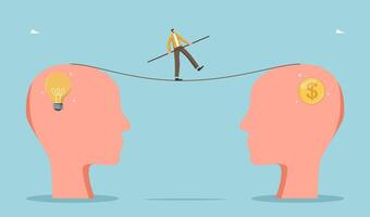 Man walks on tightrope between heads vector