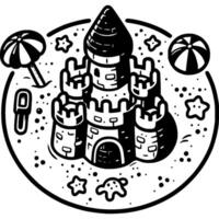 Fortress with towers built of sand on shore in monochrome. Beach toys. Simple minimalistic in black ink drawing on white background vector