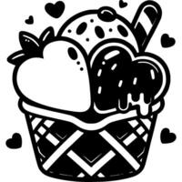 Crispy waffle basket with ice cream scoops and chocolate hearts in monochrome. Ice cream frozen dessert. Simple minimalistic in black ink drawing on white background vector