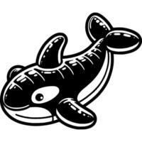 Inflatable swimming mattress in whale fish shape in monochrome. Safe children holiday on beach with inflatable transport. Simple minimalistic in black ink drawing on white background vector