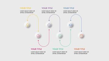 Multicolor infographic element with 6 options in neumorphism effect. Business process chart workflow . Corporate presentation slide template for pitch deck vector