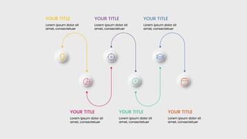 Multicolor infographic element with 6 options in neumorphism effect. Business process chart workflow . Corporate presentation slide template for pitch deck vector