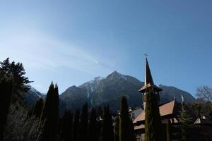 Beautiful forest and mounting view from inside a monastery photo