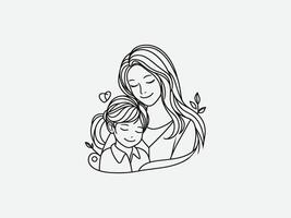 Mother and baby black color line art vector