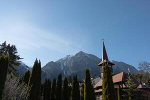 Beautiful forest and mounting view from inside a monastery photo