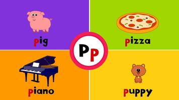 letra pags pags tarjeta de memoria flash para niños con 4 4 palabras cerdo piano Pizza perrito vector