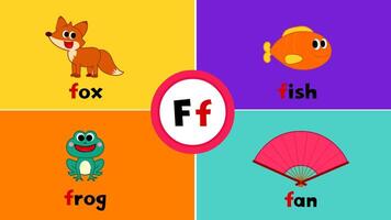 Letter F f Flashcard for kids with 4 words fox fish frog fan vector